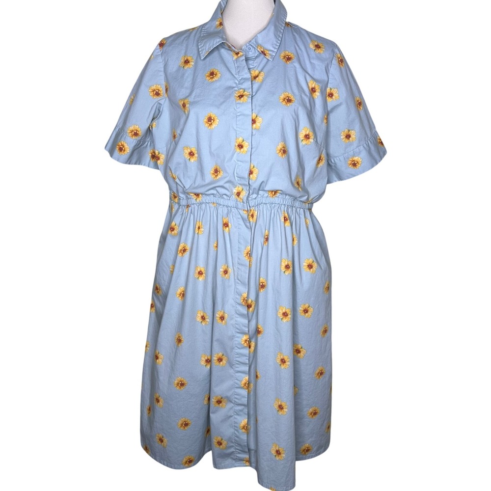 J Jason Wu XLP Sunflower Print Blue Cotton Shirt Dress Petite Midi Pockets
